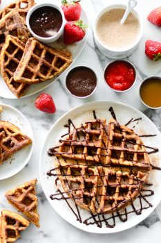 {Gluten Free} Churro Waffles with Chocolate, Strawberry & Caramel Dipping Sauces